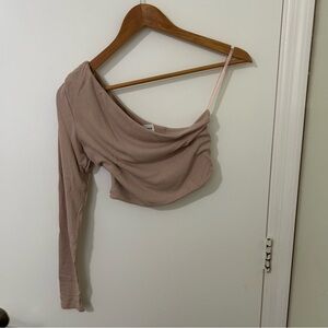 Superdown | Light Pink Ribbed Long Sleeve One Shoulder Crop Top | Size XS